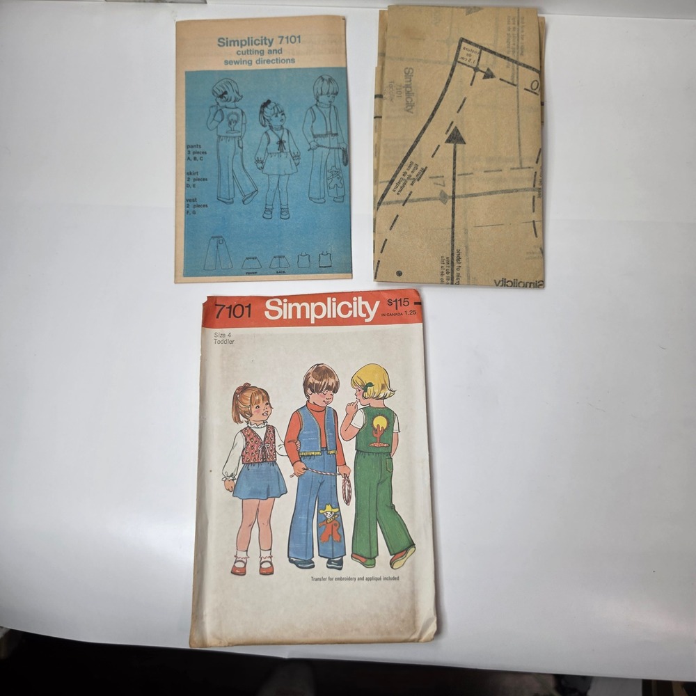 Vintage 1970s Simplicity 7101 Toddler Pattern Pants Skirt Vest Size 4 Cut